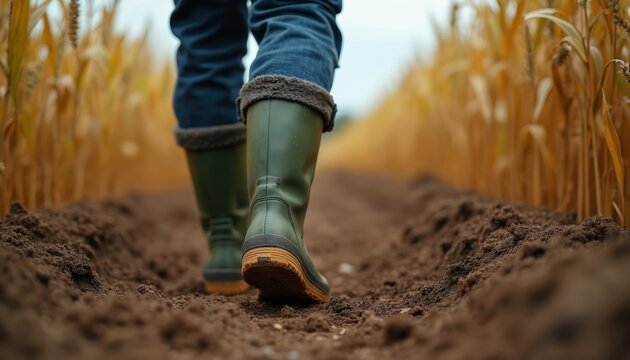 Farmer walks through a dry cornfield wearing green rubber boots. The person inspects the crop growth amid fertile soil and stalks ready for harvest. Rural farm work is ongoing.