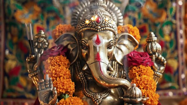 Close-up of a beautifully adorned idol of Lord Ganesha, decorated with marigold garlands and traditional Indian ornaments, surrounded by diyas and a flute, symbolizing prosperity and spiritual devoti.