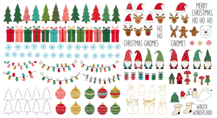 Collection of christmas elements including trees, gnomes, reindeer, snowflakes, gifts, and lights, isolated on transparent background