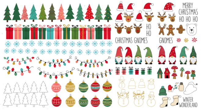 Collection of christmas elements including trees, gnomes, reindeer, snowflakes, gifts, and lights, isolated on transparent background