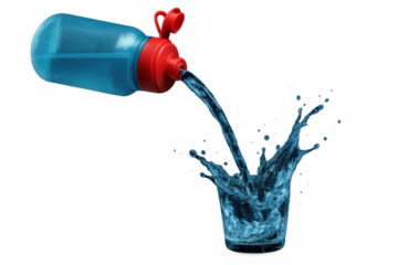Blue sport bottle pouring water into a glass, creating a refreshingly cool splash on transparent background