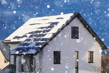 Solar Panels Snow Winter. Solar Panel Station Covered Snow on Roof House in Snowing Winter.