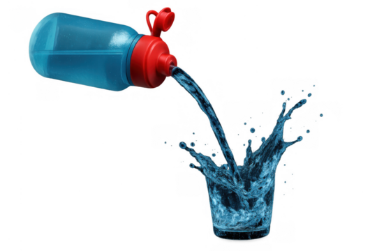 Blue sport bottle pouring water into a glass, creating a refreshingly cool splash on transparent background