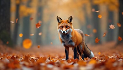 Obraz premium Fox stands in autumn forest surrounded by falling leaves. Orange fur animal in its natural habitat. Forest background with trees. Wildlife photo with copy space.