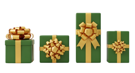 Four green gift boxes with gold ribbon and bows, isolated on transparent background