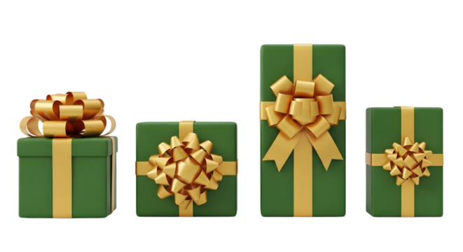 Four green gift boxes with gold ribbon and bows, isolated on transparent background