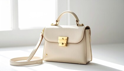 Cream bag with gold clasp near window