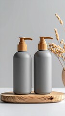 Two gray bottles, wood, and dried grass