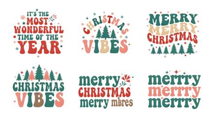 Collection of six retrostyle christmas typography designs with festive elements isolated on transparent background