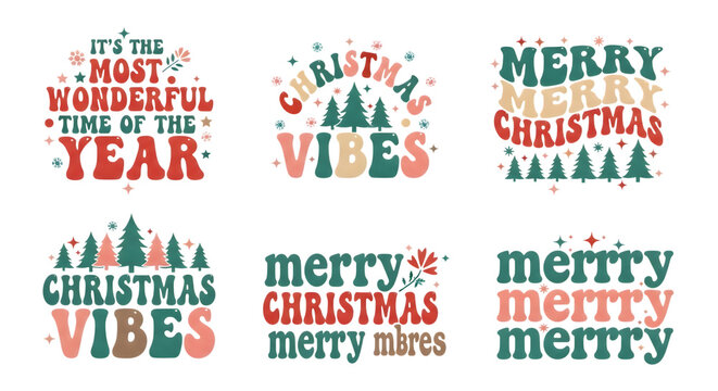 Collection of six retrostyle christmas typography designs with festive elements isolated on transparent background