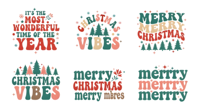 Collection of six retrostyle christmas typography designs with festive elements isolated on transparent background - Powered by Adobe