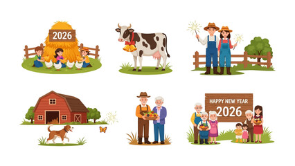 Year 2026: Agricultural Harmony - A collection of illustrations celebrating farming and the upcoming year, showcasing various elements of rural life and agricultural practices.