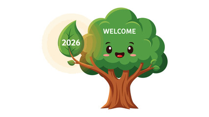 Welcome 2026: A cartoon tree welcomes the new year with a cheerful smile, a leaf displays the year 2026, and a bright circle creates a warm, hopeful atmosphere.
