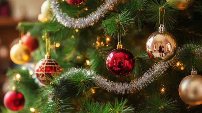 Delicate glass baubles in deep crimson and gold catch the warm light, hanging alongside silver tinsel garlands that drape elegantly between the branches.