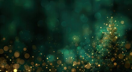 Teal and gold Christmas background with bokeh and a stylized tree