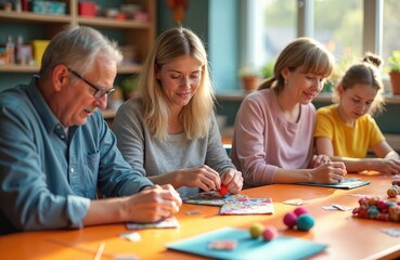 Diverse group of adults engage in crafting class. Instructor guides students with varied abilities in creative projects, fostering skill development, social interaction in supportive classroom