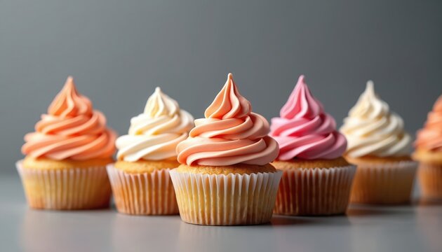 Several cupcakes with colorful frosting arranged in a row. Sweet baked goods with creamy swirls are perfect for party invitations and baking blogs. - Powered by Adobe
