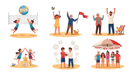 Obraz premium New Year on the Beach: Celebrating with beach games and warm sunlight! A vivid illustration with people enjoying outdoor sports with friends and families to welcome New Year.