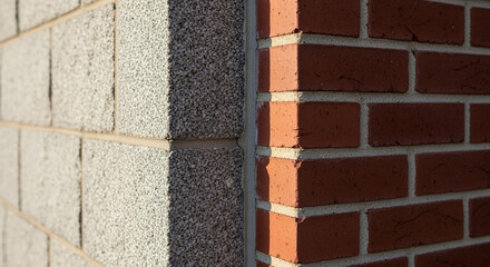Close up of a brick and cinder block wall with a strong shadow line