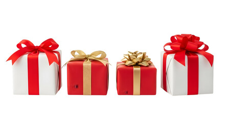 Four wrapped gift boxes with red and gold ribbons, isolated on transparent background