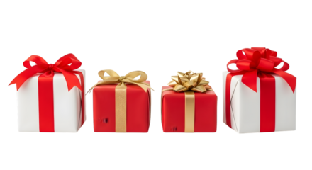 Four wrapped gift boxes with red and gold ribbons, isolated on transparent background