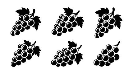 Fototapeta premium A collection of six distinct black silhouette grape icons, stylized bunches of fruit with leaves, ideal for wine, food, harvest, agriculture, and graphic designs.