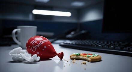 Deflated red Merry Christmas balloon and partially eaten holiday cookie on a quiet office desk, symbolizing the end of festive celebrations or working during the holidays.
