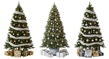 Three decorated christmas trees with presents underneath, isolated on transparent background