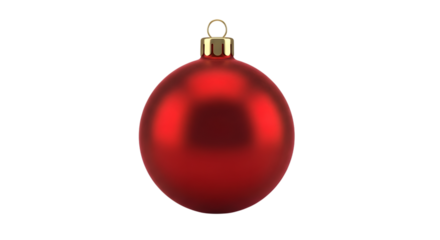 A single, shiny red christmas ornament with a gold cap, isolated on a transparent background