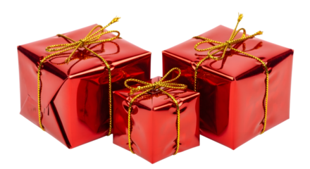 Three shiny red gift boxes with gold ribbon and bow, isolated on transparent background