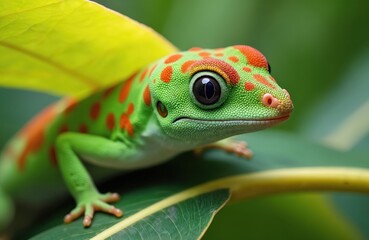 Bright green gecko with orange spots rests on vibrant plant leaf. Tiny reptile shows off its scaly skin texture. Exotic animal camouflaged within lush foliage in tropical nature setting.