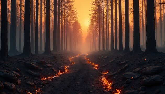 Dark forest path burned by wildfire. Smoldering embers line dirt road. Tall trees stand silhouetted against orange sky. Smoke and fog obscure distant view. - Powered by Adobe