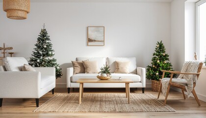 Inviting living room scene with Christmas trees, cozy furniture, and warm lighting creates a serene holiday atmosphere perfect for family moments
