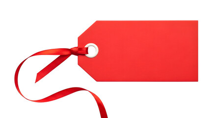 A blank red gift tag with a red ribbon tied through the hole, isolated on transparent background