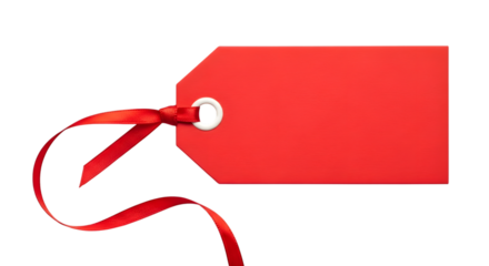 A blank red gift tag with a red ribbon tied through the hole, isolated on transparent background