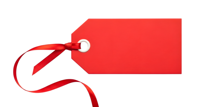 A blank red gift tag with a red ribbon tied through the hole, isolated on transparent background