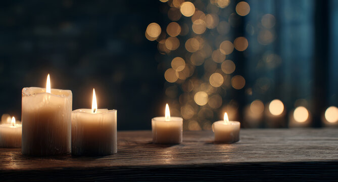 Candle flame bokeh wood warm glow, calming mood on rustic table with soft golden light