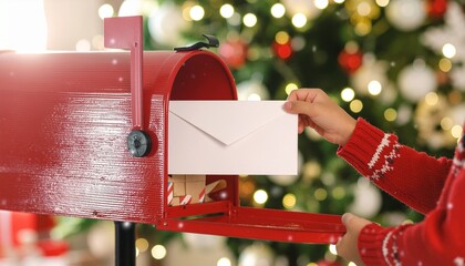 Add a touch of holiday magic with this charming scene of sending Christmas cards in a red mailbox with a festive tree twinkling in the background