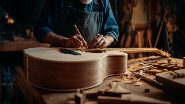Crafting Harmony: A craftsman meticulously works on the wooden body of a guitar, demonstrating precision and dedication to his craft. A studio setting filled with tools.