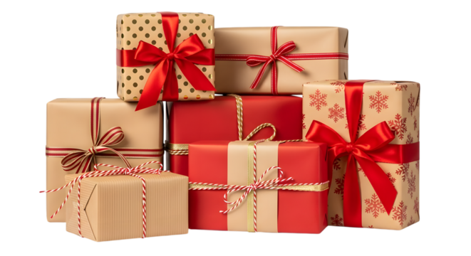 A collection of wrapped gift boxes with red ribbon, isolated on transparent background
