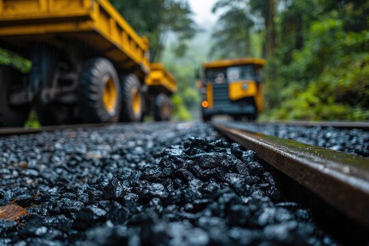 Heavy machinery on a wet railway track through a forest