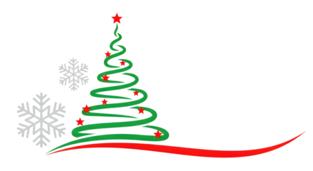 Stylized christmas tree made of green swirls and red stars, with snowflakes and a red swoosh, isolated on transparent background