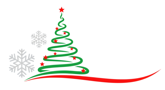 Stylized christmas tree made of green swirls and red stars, with snowflakes and a red swoosh, isolated on transparent background
