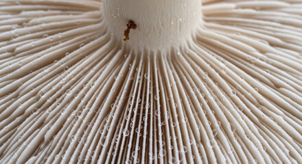 Obraz premium Close up of the gills of a mushroom with water droplets on it