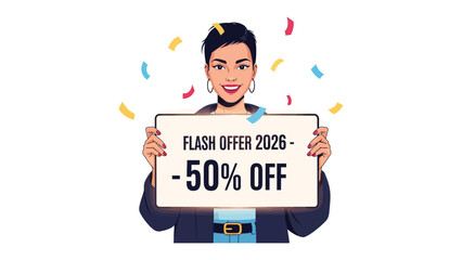 Flash Offer Announcement: A stylish individual showcases a sign with the enticing 'Flash Offer 2026 - 50% Off,' conveying the essence of a remarkable deal.