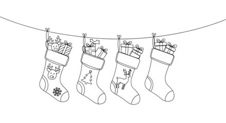 Handdrawn sketch of four christmas stockings hanging on a line, filled with gifts and decorated with festive motifs isolated on transparent background