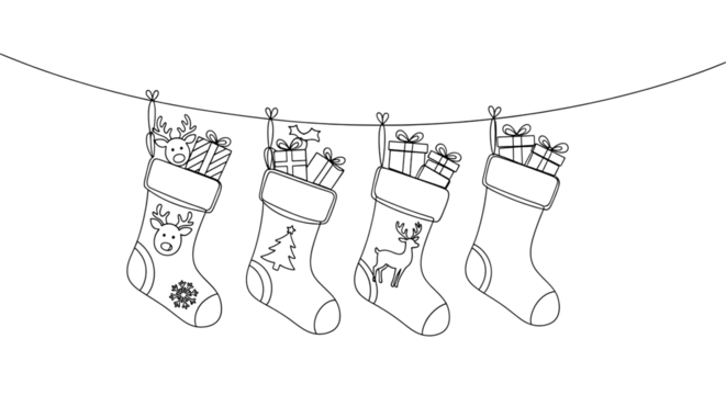 Handdrawn sketch of four christmas stockings hanging on a line, filled with gifts and decorated with festive motifs isolated on transparent background