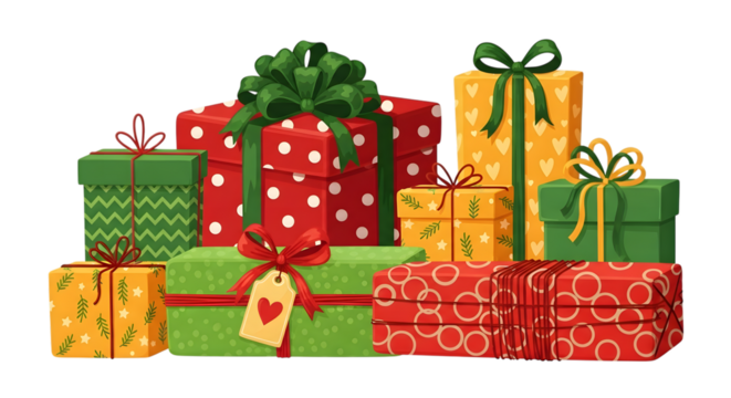 A festive collection of colorful christmas gift boxes with ribbons and bows, isolated on transparent background