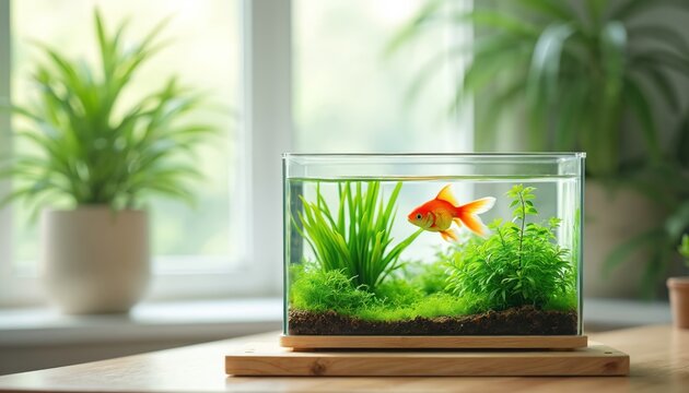 Small glass fish tank with vibrant green plants, single orange goldfish swimming inside. Aquarium sits on wooden stand near window, creating peaceful indoor nature scene. Healthy aquatic pet habitat - Powered by Adobe