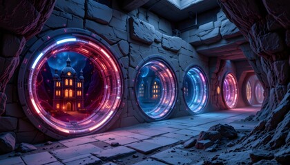 Futuristic Circular Portals Illuminating Ancient Stone Hallway with Glowing Cityscape Views